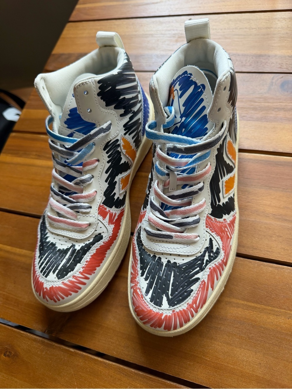 Veja x Marni High-Top Sneakers in White with Black, Red, Blue and Orange Design